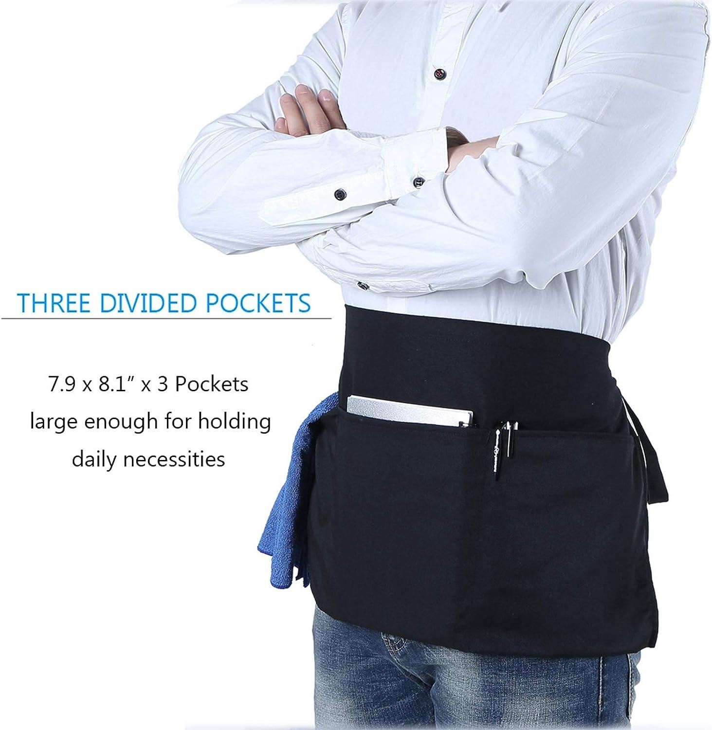 Waist Apron with 3 Pockets – Black Waitress Waiter Server Short Aprons