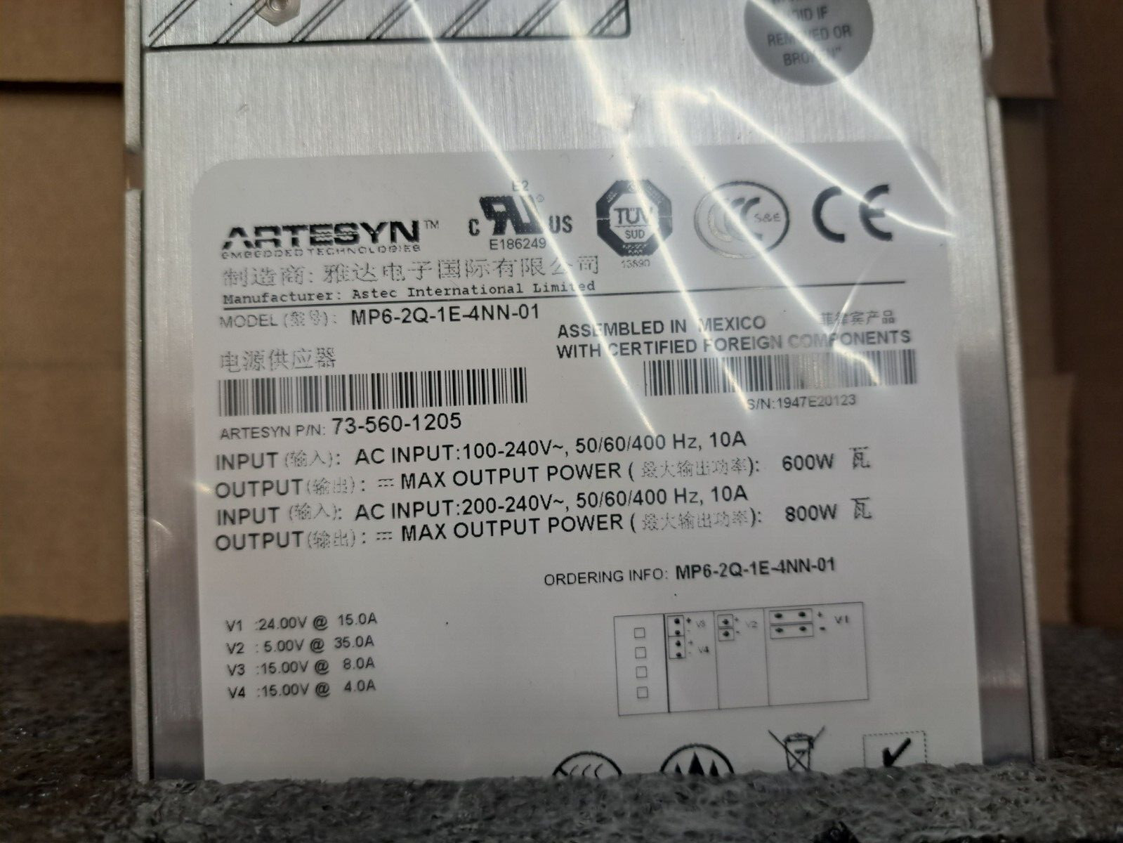 New, Artesyn, MP6-2Q-1E-4NN-01, AC/DC CONVERTER 24V 5V 2X15V 800W