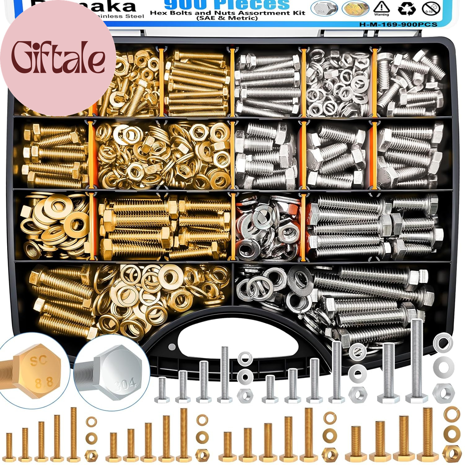900Pcs Hex Bolts and Nuts Assortment Kit, 304 Stainless Steel 1/4-20, 5/16-18, 3