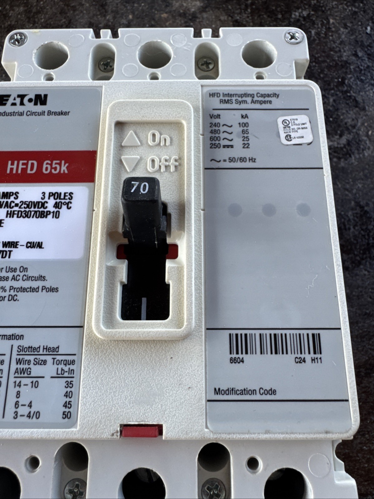 EATON HFD3070 70A 600V 3P 65kA@480V INDUSTRIAL CIRCUIT BREAKER