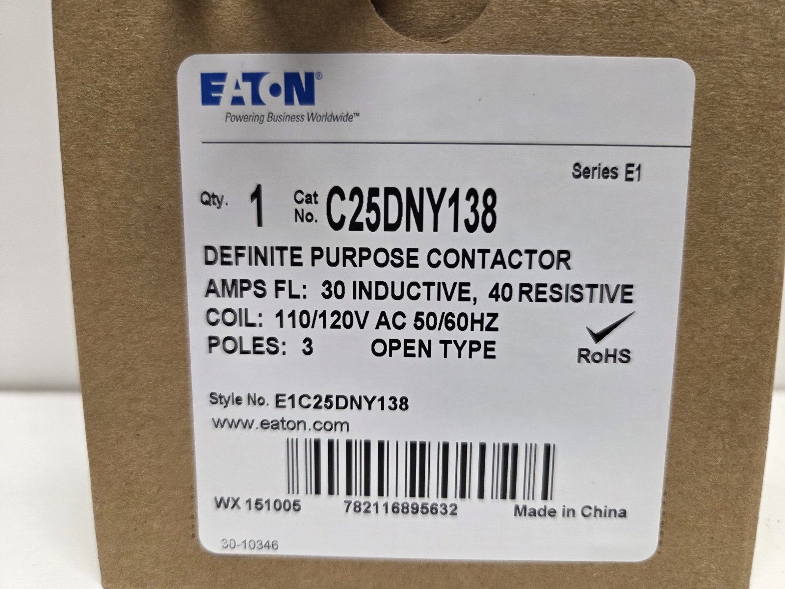 Eaton Definite Purpose Contactor 30A 110/220V AC 50/60HZ 3 Poles C25DNY138