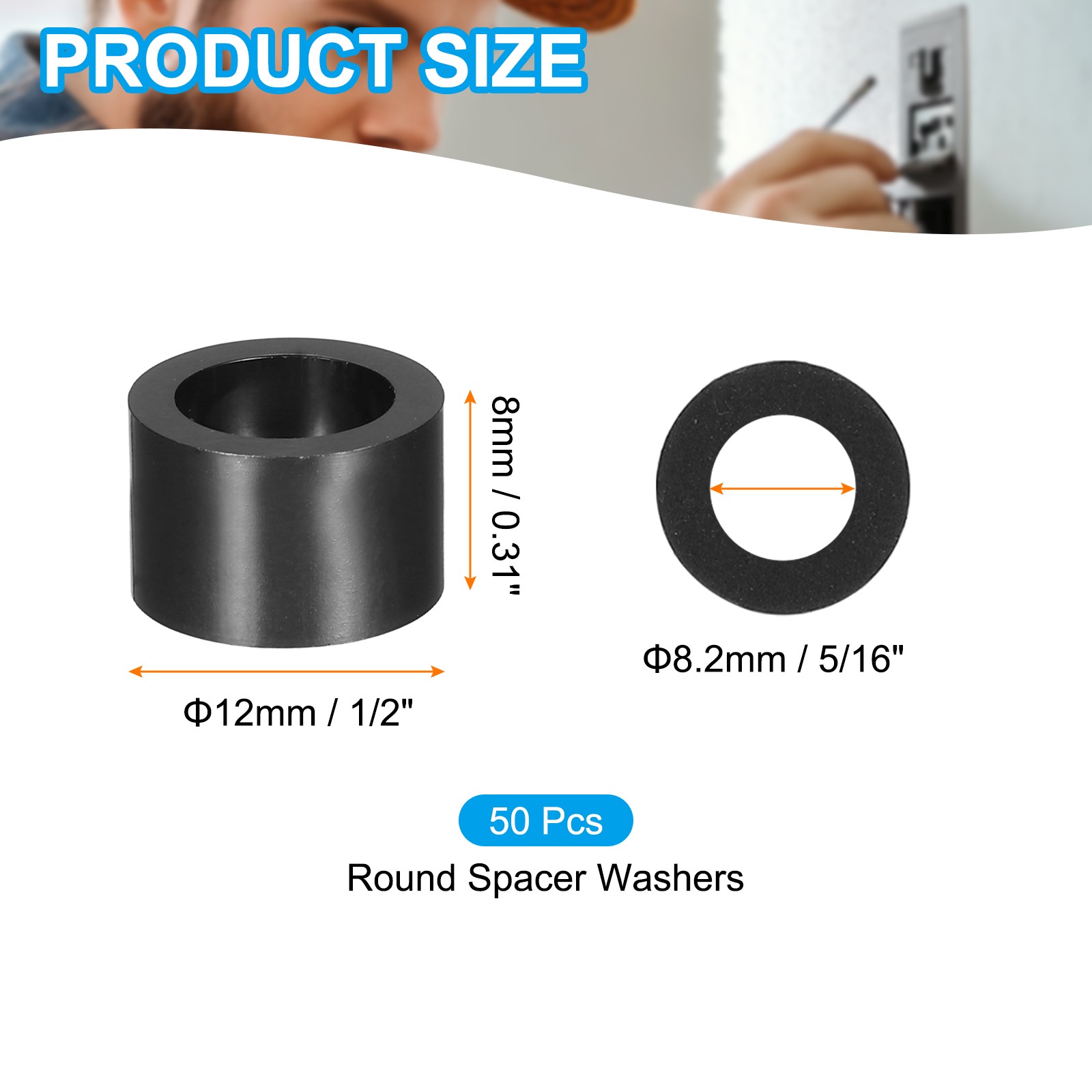 M8 Black ABS Spacer Inner Diameter 0.32″, Outer Diameter 0.47″,L 0.31″, 50Pcs