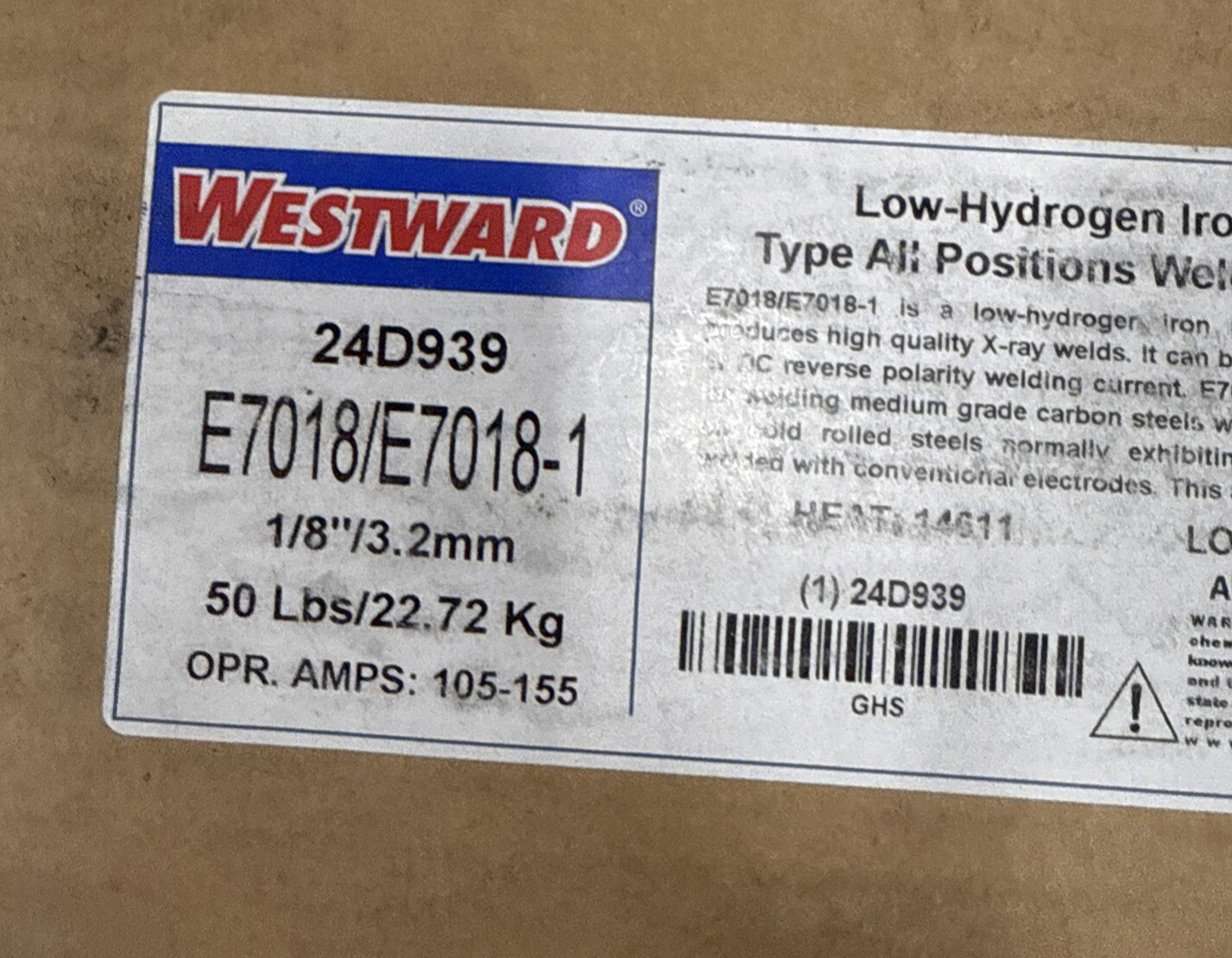 WESTWARD 24D939 Stick Electrode, Carbon Steel, 14” X 1/8”, 50-LBS (E7018)
