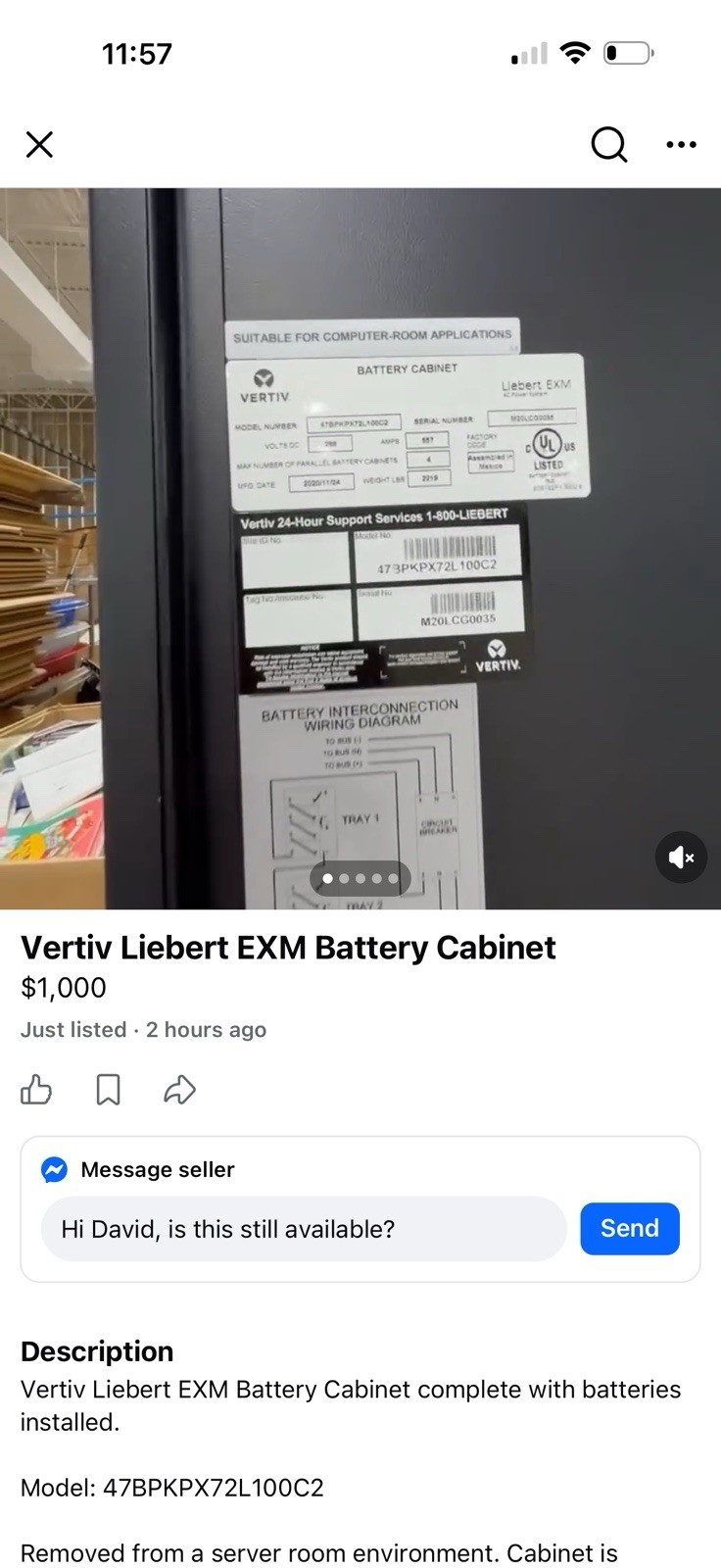 Vertiv Liebert EXM Battery Cabinet 288VDC 24 Lead-Acid 300Ah Vertiv Liebert EXM