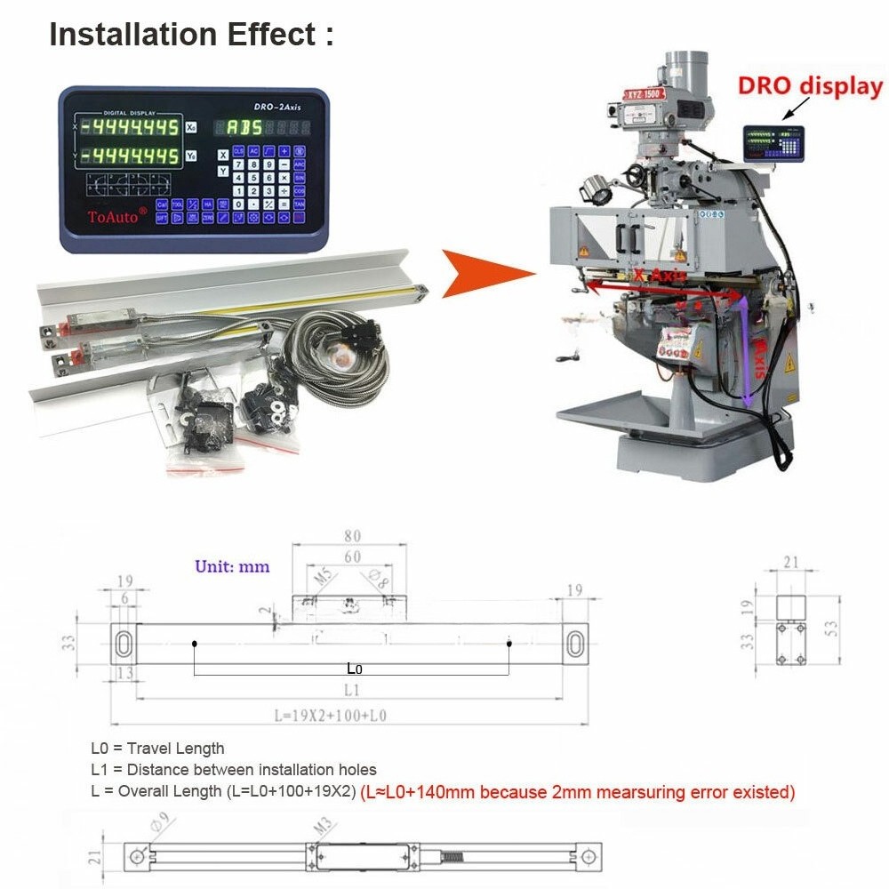 New TOAUTO Linear Scales 5um+DRO Digital Readout 2/3 Axis for Bridgeport Mill