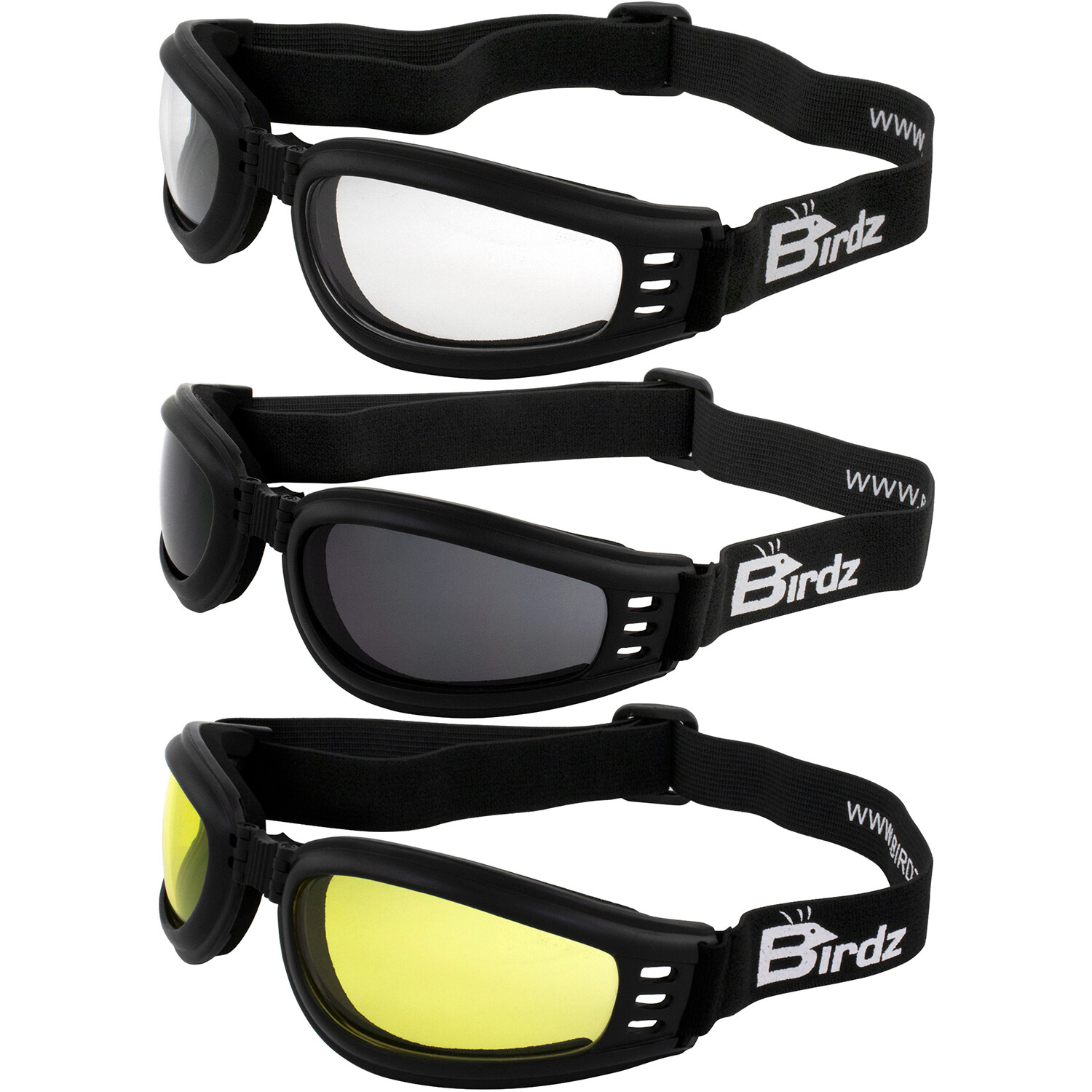 3 Birdz Cardinal Black Padded Motorcycle Goggles Clear, Smoke & Yellow Lenses