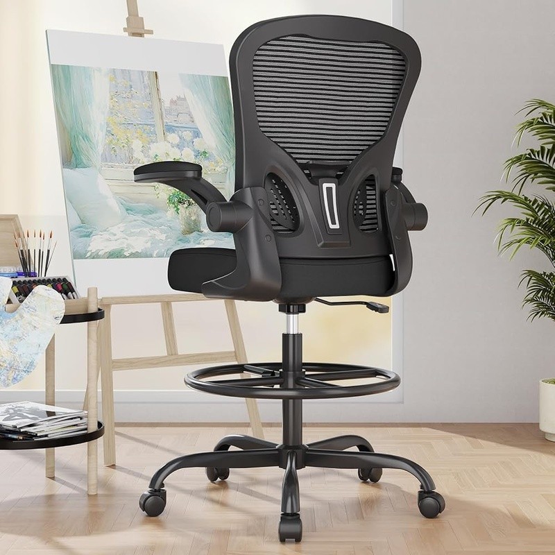 Ergonomic Drafting Chair Adjustable Lumbar Support Flip-up Armrests Footrest