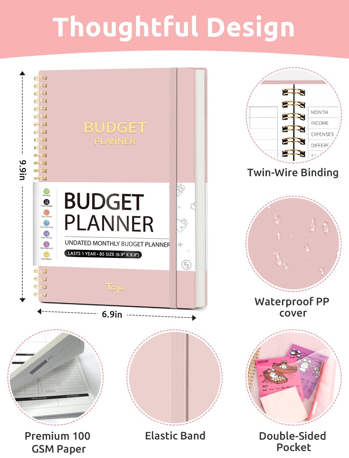 Budget Planner – Monthly Book with 9.9 x 6.9 x 0.5 inches, A.Pink