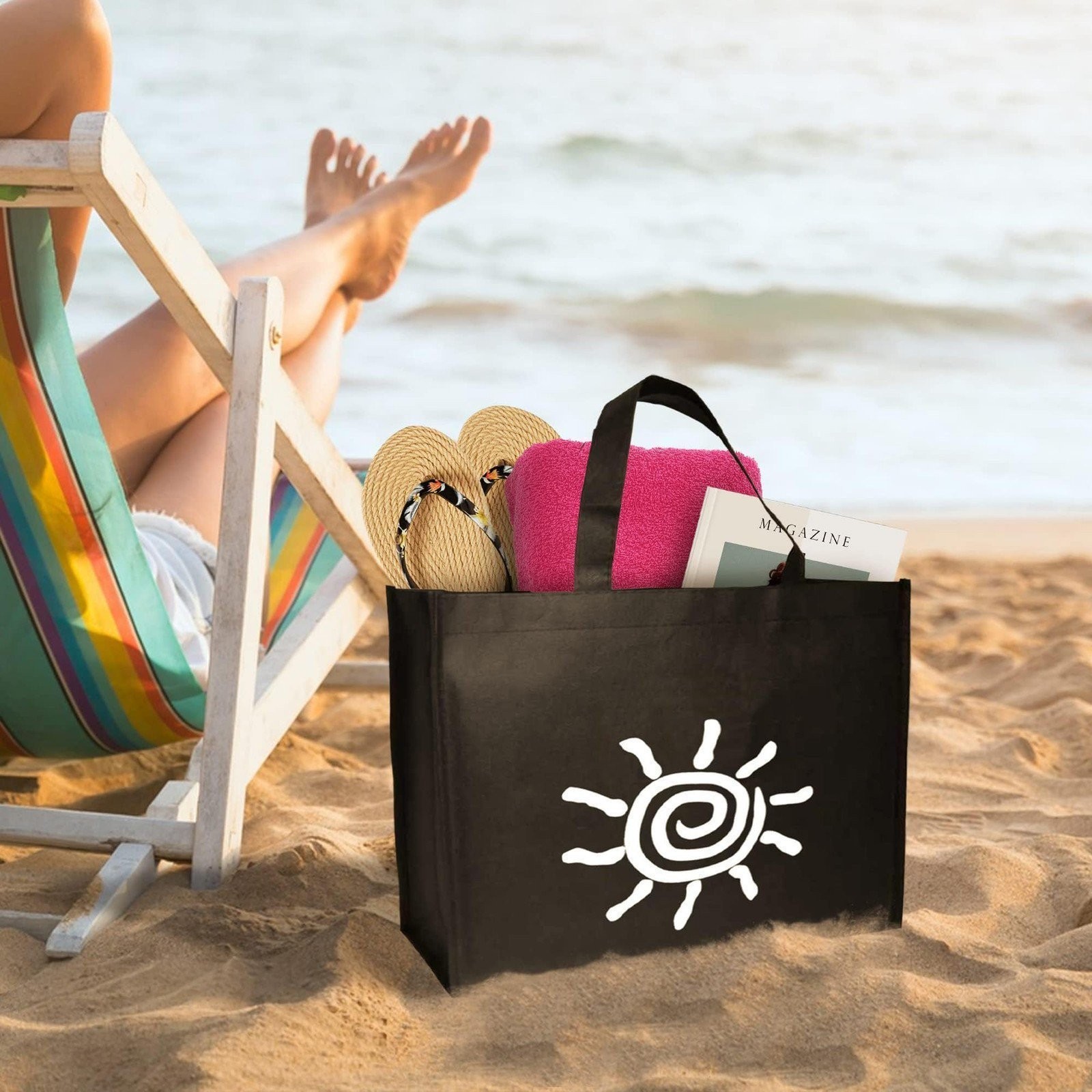 Black Shopping Bags Non-Woven Polypropylene Sun Print 100 Count 20 x 6 x 16 in