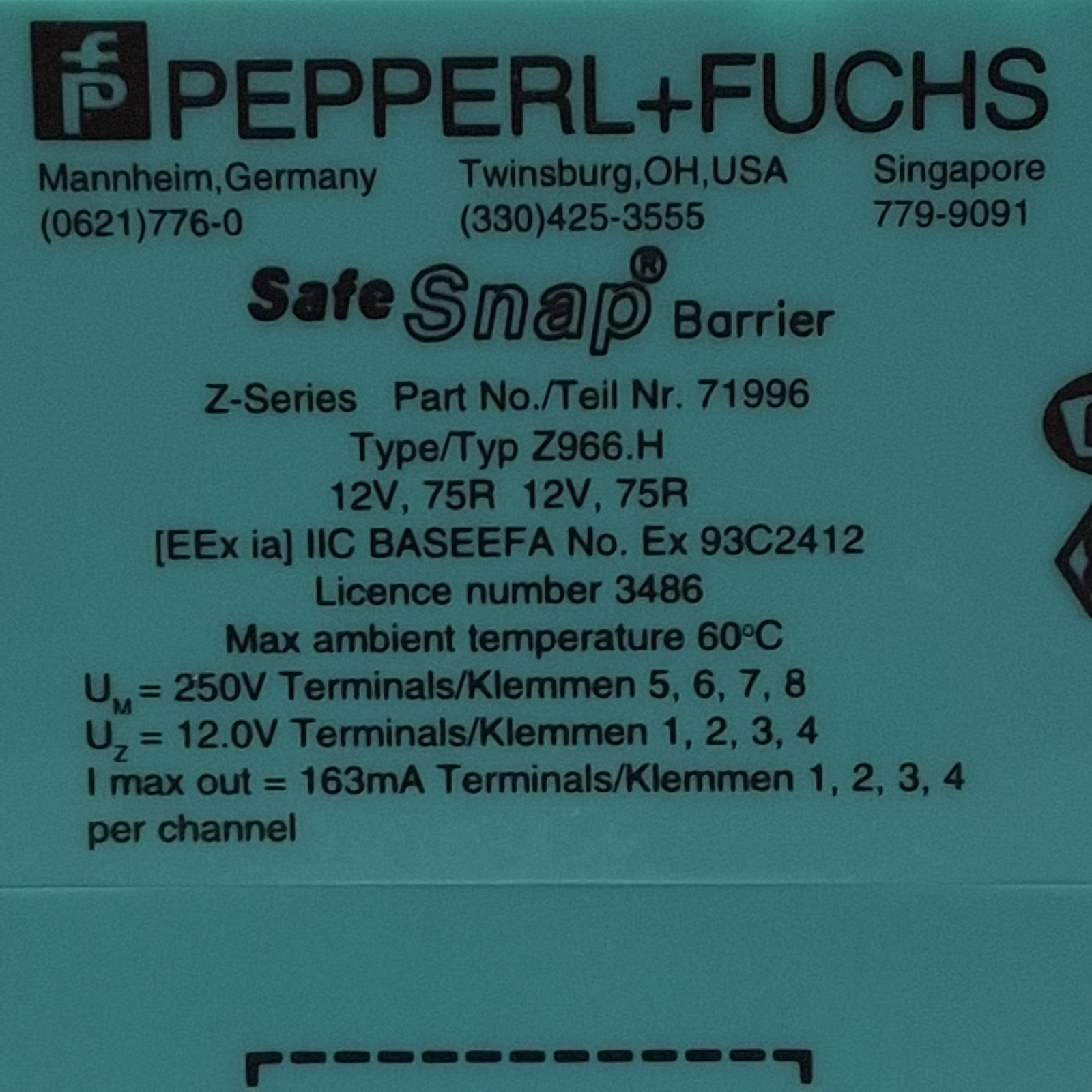 Pepperl + Fuchs 71996 Z966.H Safe Snap Zener Barrier, 2-Ch 10V @ 10µA AC Version