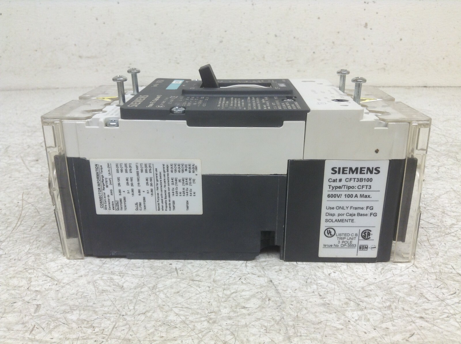 Siemens CFT3B100 3 Pole 100 Amp 600 V 250 VDC Breaker NFG3F250 NFGA (VT)