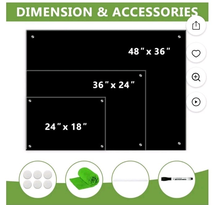 Black Glass Dry Erase Board 24×18 Magnetic Glass Board Frameless Black Glass…