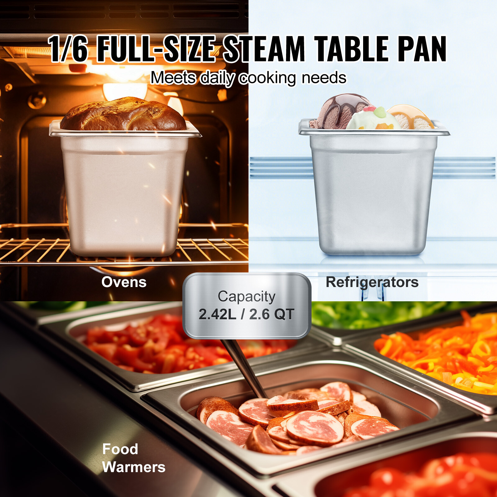 VEVOR 6 Pack 1/6 Size Hotel Pans Steam Table Pan Stainless Steel 6″ Deep