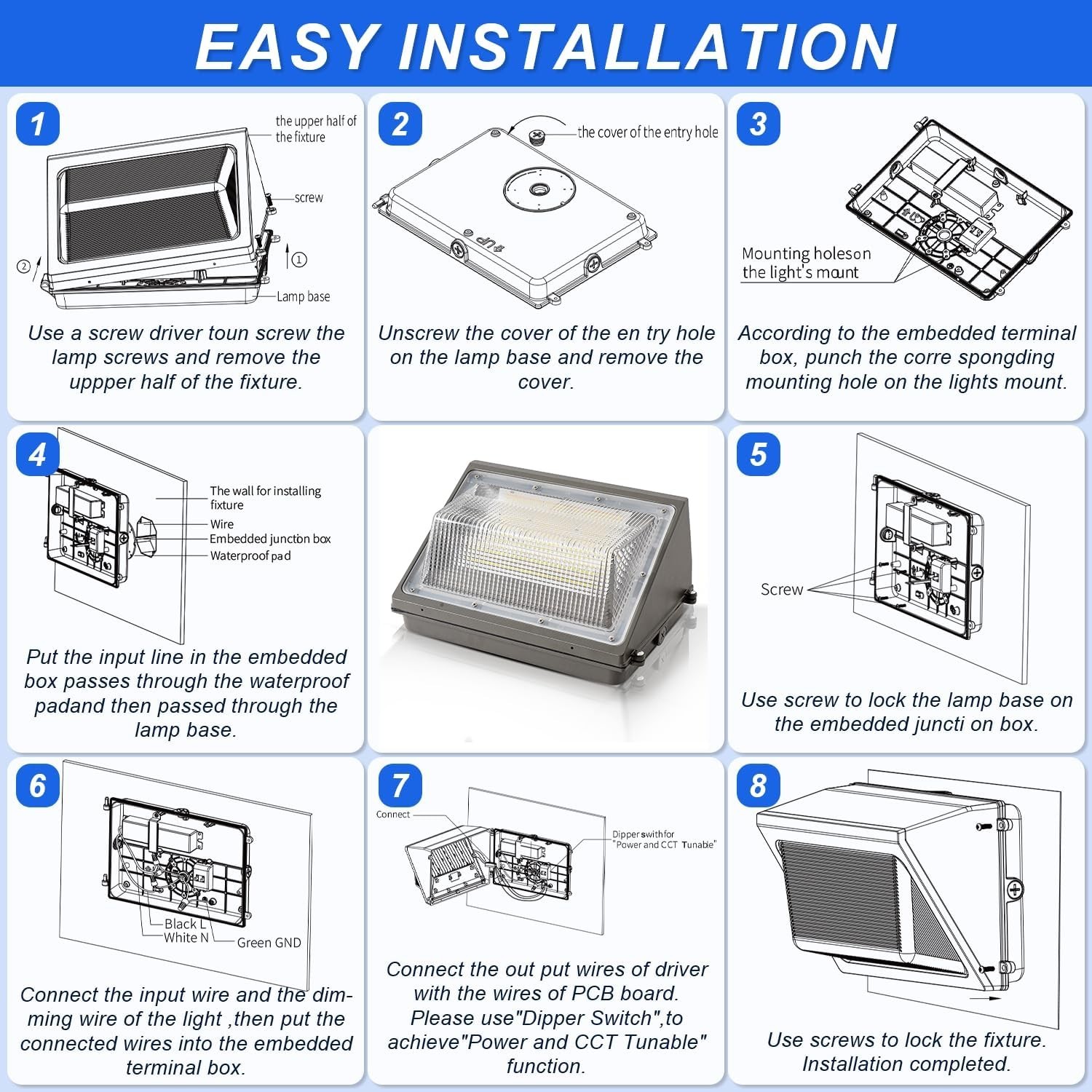 LED Wall Pack Light w/ Photocell 60W-120W Selectable 3CCT IP65 ETL DLC