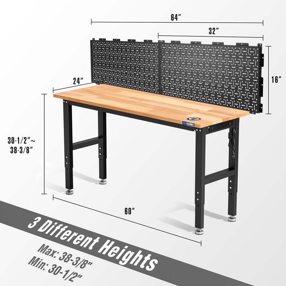 60″Adjustable Garage Workbench Rubber Wood Top 2PC 16×32 Metal Pegboard