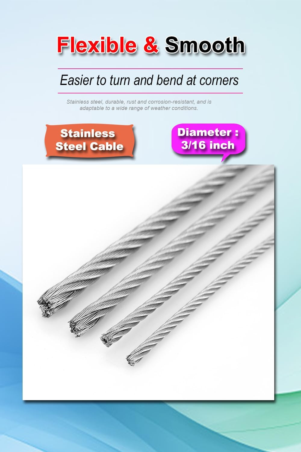 3/16″ Stainless Steel Cable 100Ft Wire Rope with Wire Rope Clamps and Thimble, 4