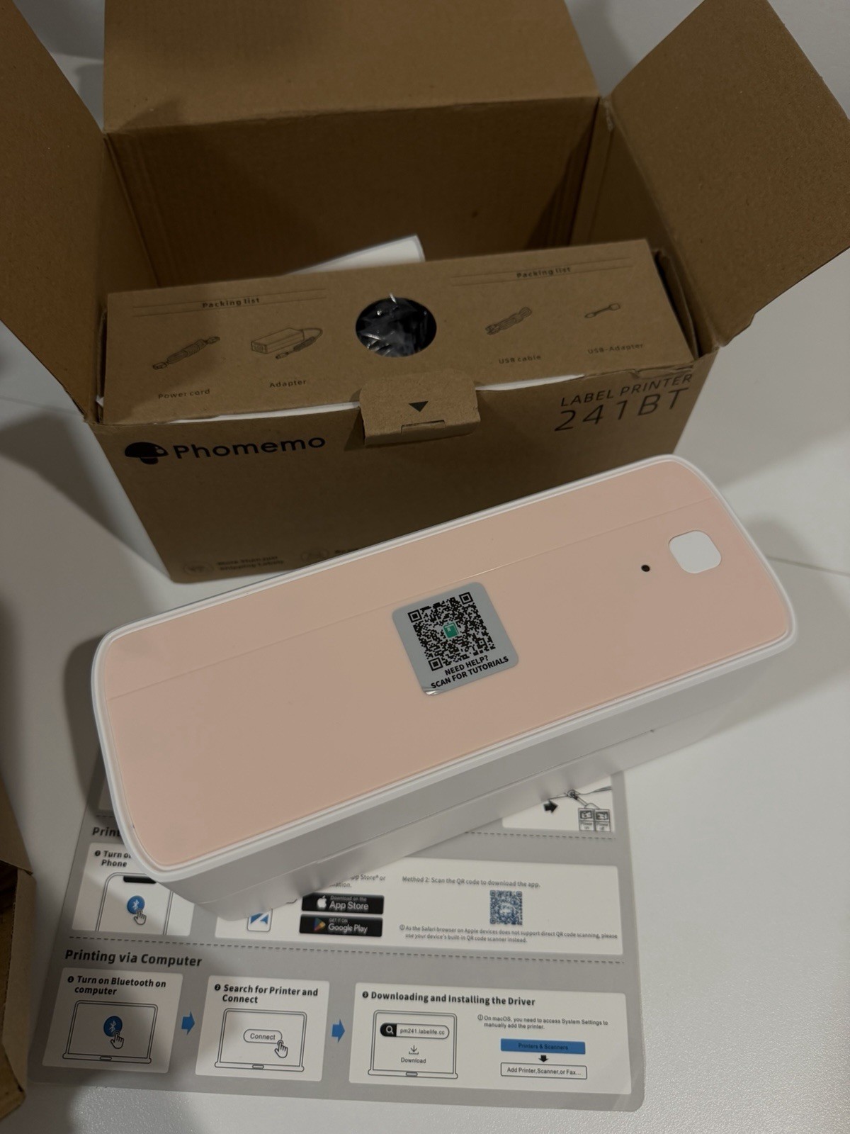 Phomemo 241BT Label Printer Pink/White w/ Box Setup Guide MPN 241BT