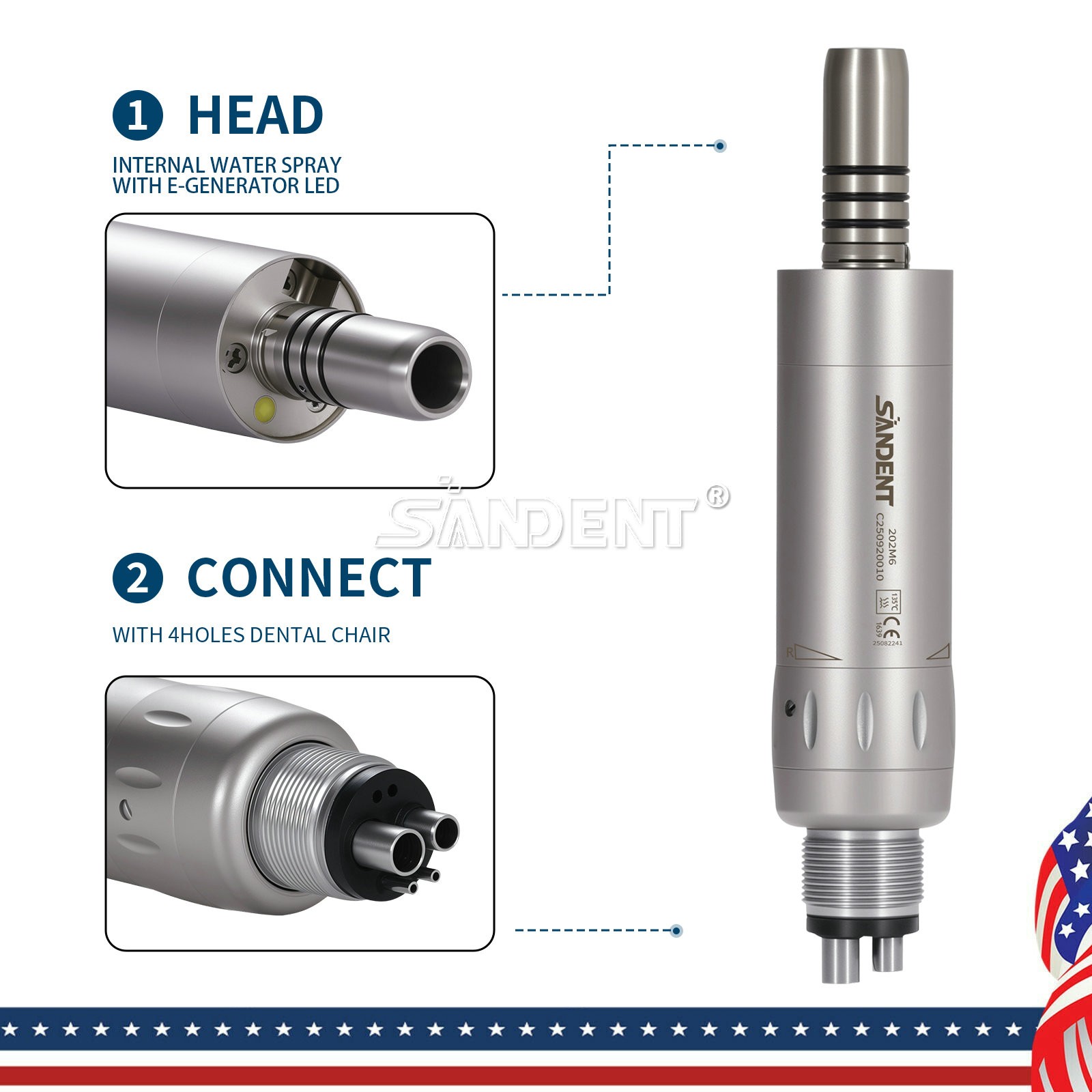 Dental Internal Water Spray E-generator LED Air motor Handpiece 4Hole Low Speed