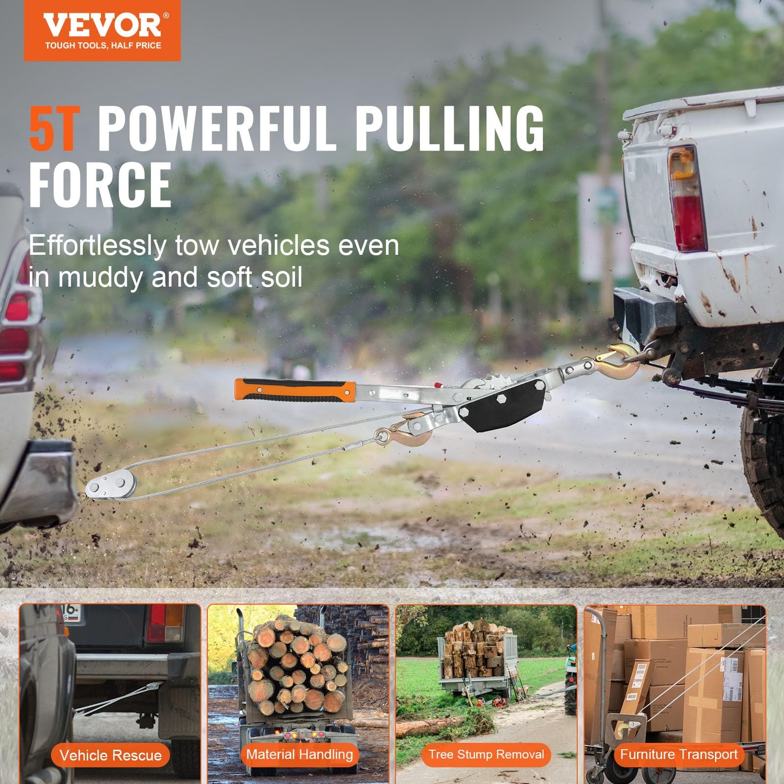 VEVOR Come Along Winch, 5 Ton (11,023 lbs) Pulling Capacity, 5 Ton, Silver