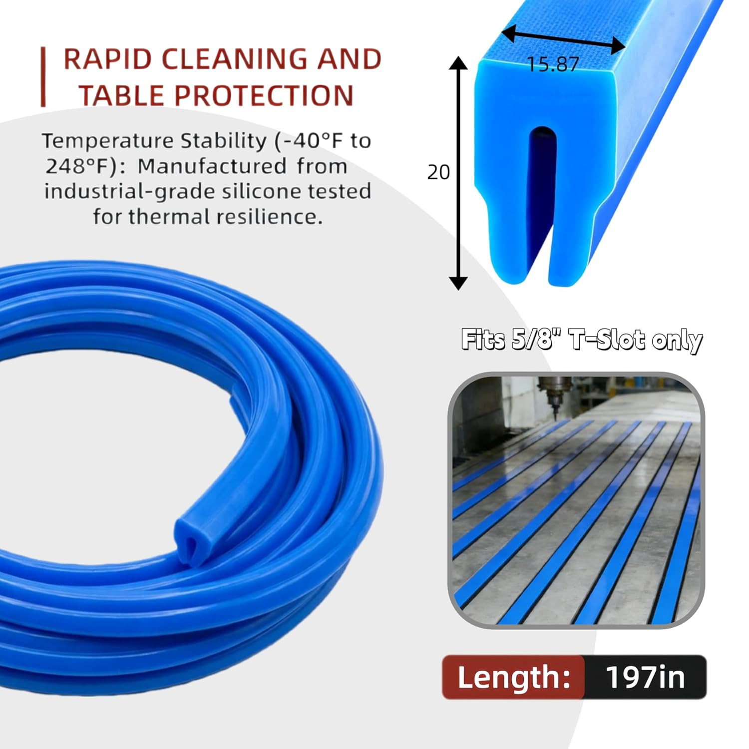 Blue 5/8″ Silicone T-Slot Cover, 197″ Roll for Cnc/Manual Mills | Heat Resistant
