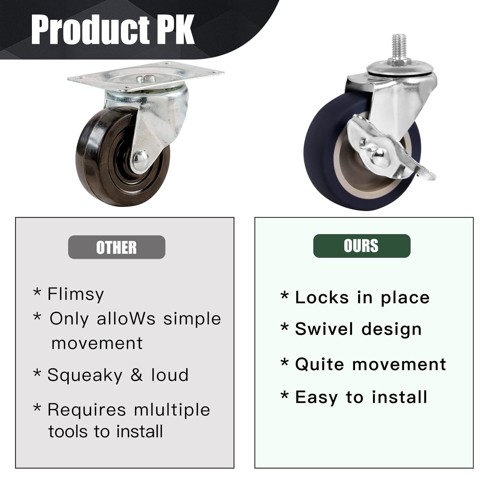 Caster Wheels, 3 Inch Stem Casters Set of 4, Heavy Duty Swivel Wheel with Bra…