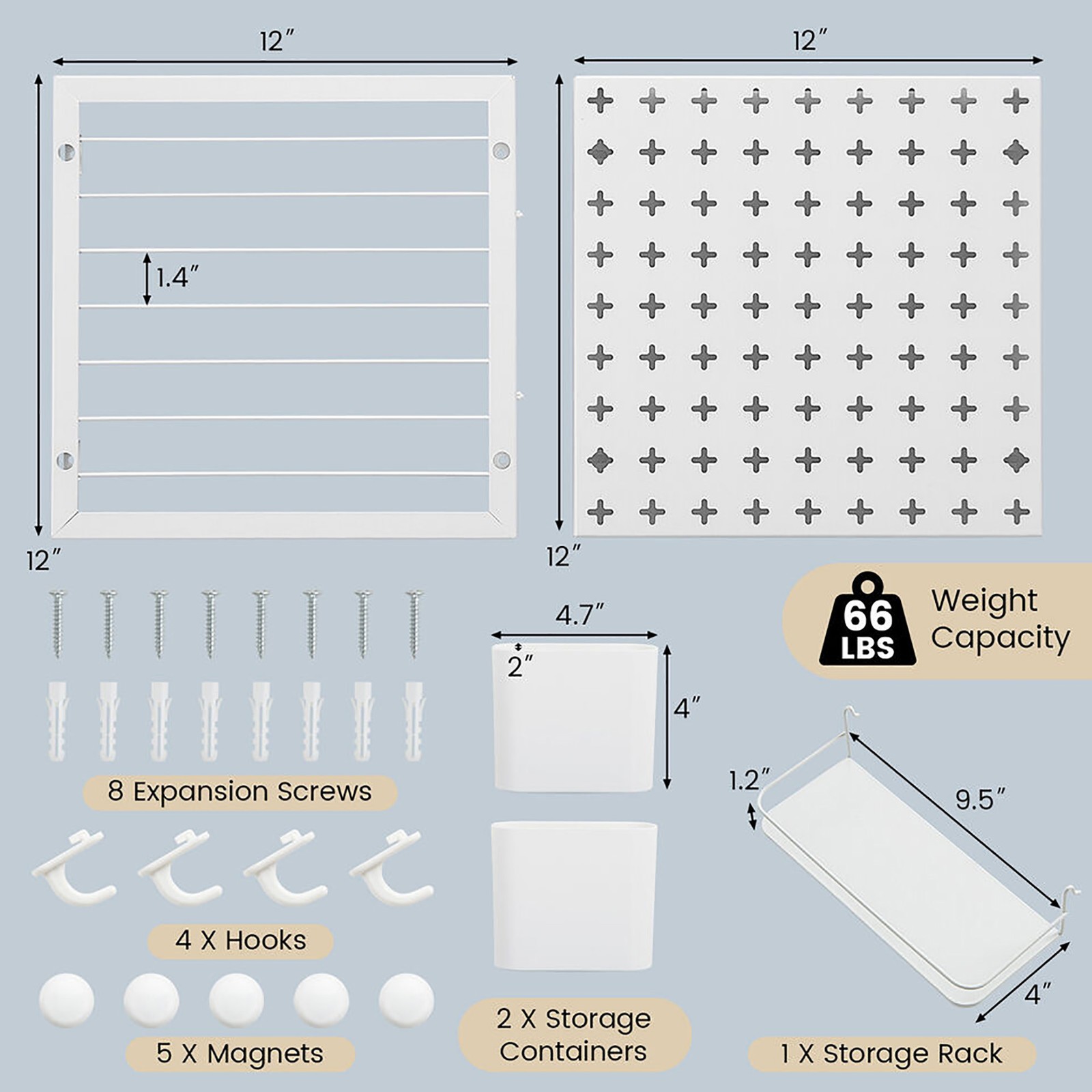 Pegboard Combination Kit Wall Organizer Kit w/ 2 Pegboard Panels for Office