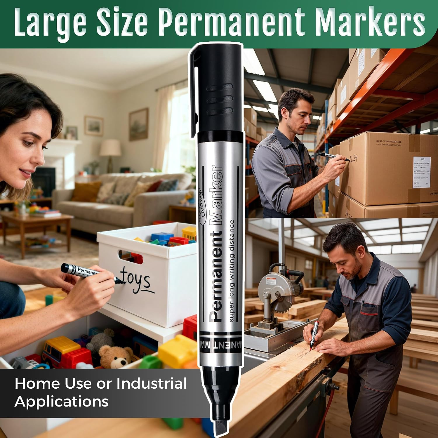 Large Permanent Markers Black Red Blue Green – 12 Pack Chisel Tip Waterproof Qui