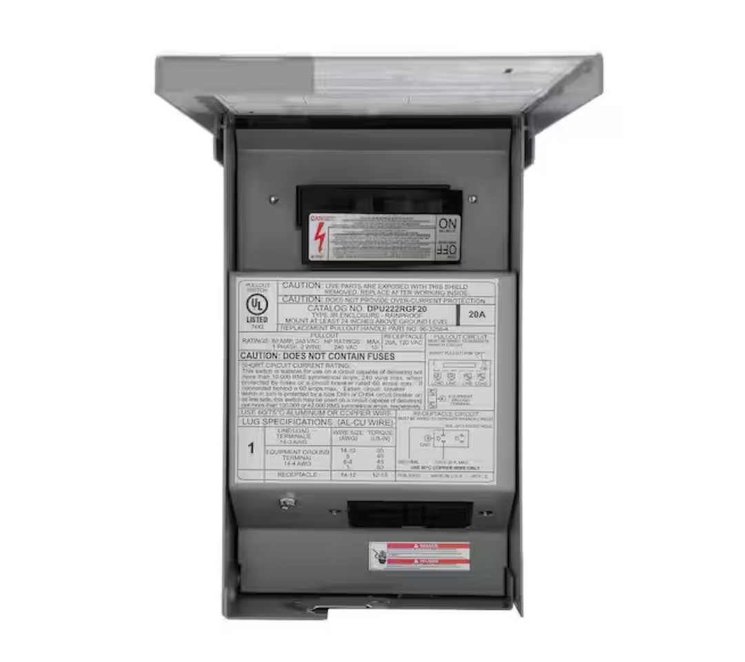 60 Amp AC Disconnect Non-Fused 120/240V w/ 20A GFCI Outlet DPU222RGF20WTST