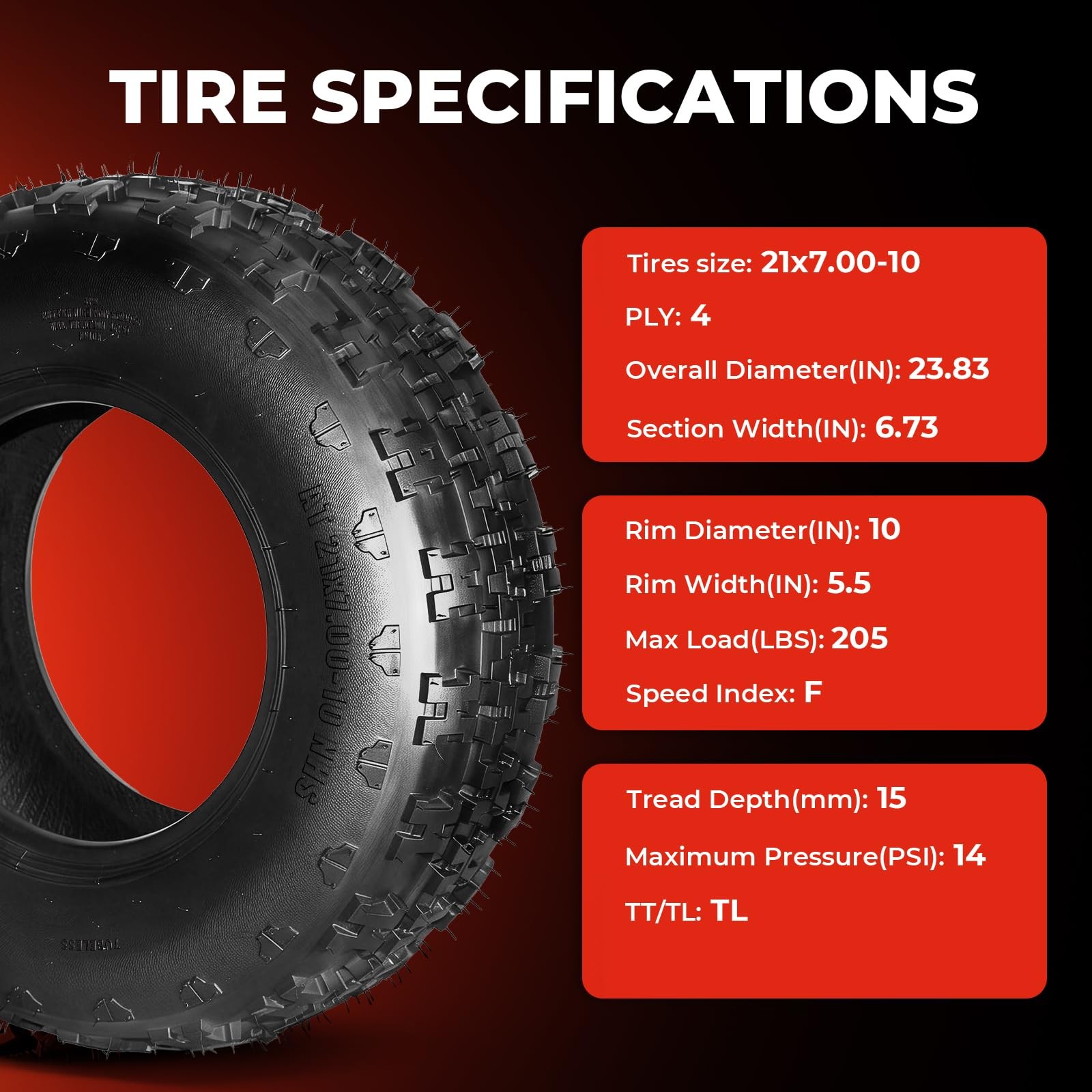 21×7-10 ATV UTV Tires All-Terrain 6PR Tubeless Non-Directional Set of 2