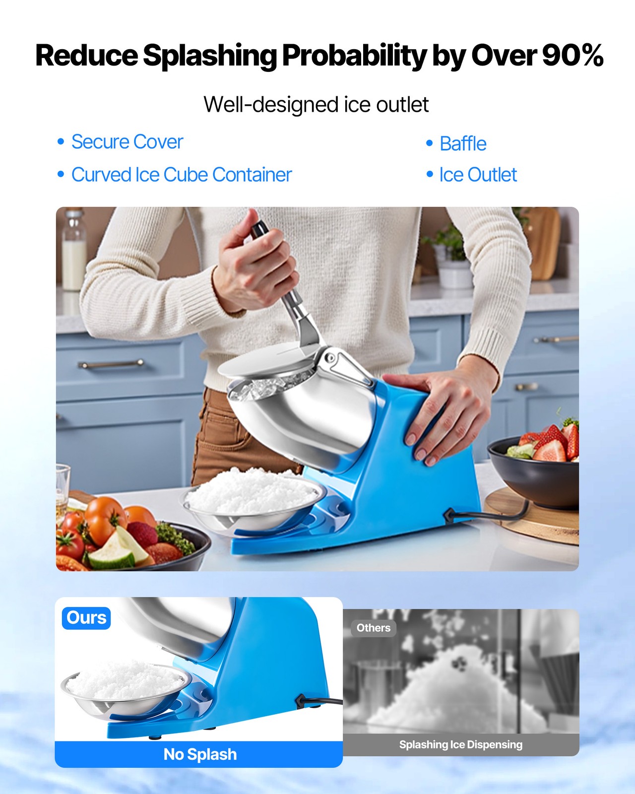 VEVOR Commercial Ice Crusher 286LBS/H Electric Snow Cone Maker Shaved Ice Blue