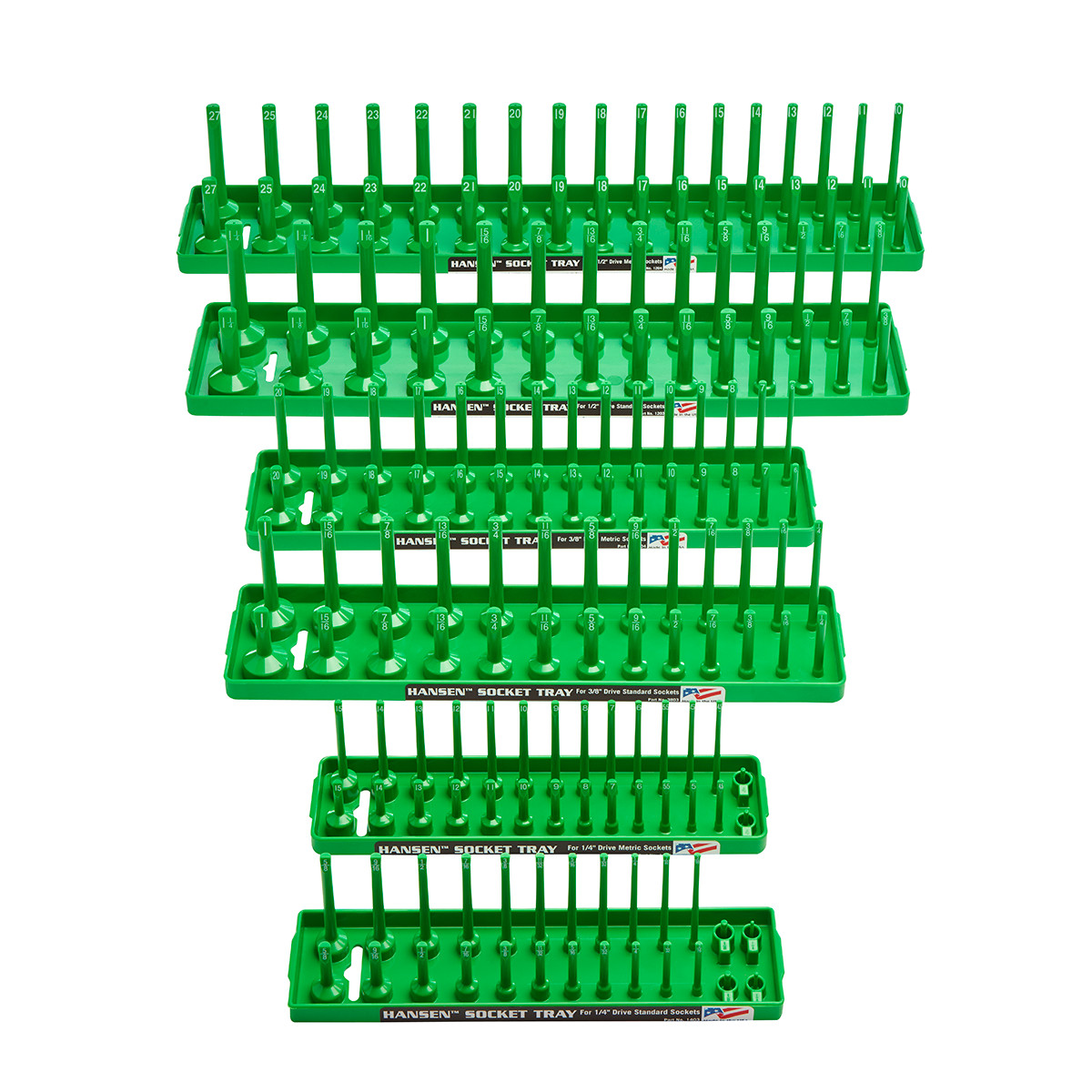 Hansen 6pc Socket Organizer Tray Rack Holder Metric SAE 1/4″ 3/8″ 1/2″ Green