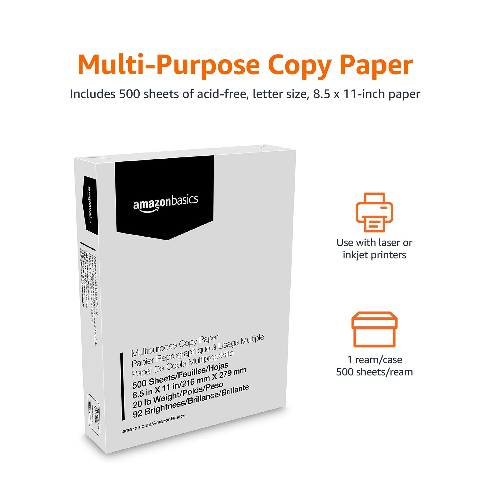 Amazon Basics Multipurpose Copy Printer Paper, 8.5 1 Ream | 500 Sheets, White