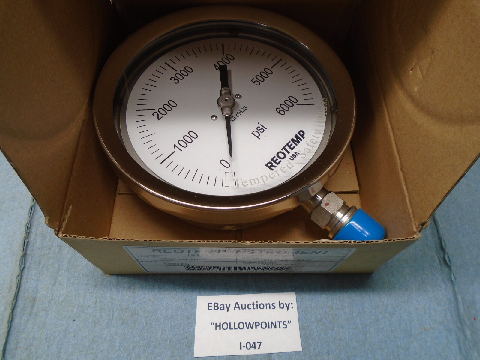 Reotemp New Pressure Gauge PT45T1A2P35-D-T 4.5″ 1/2 NPT 316 SS 0-6000psi I047