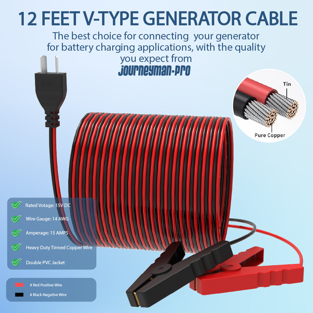 12V DC Battery Generator Charging Cable V-Type 15A 12ft, Fits Predator, Champion