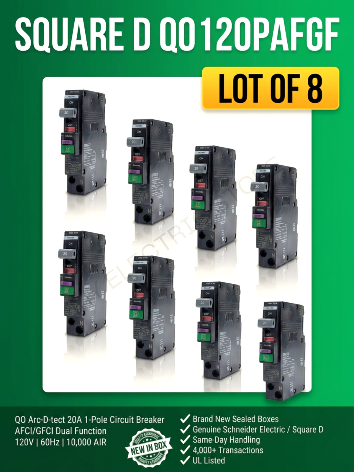 8 PCS QO120PAFGF SQUARE D QO 1P 20A AF/GF DUAL-FUNCTION CIRCUIT BREAKER