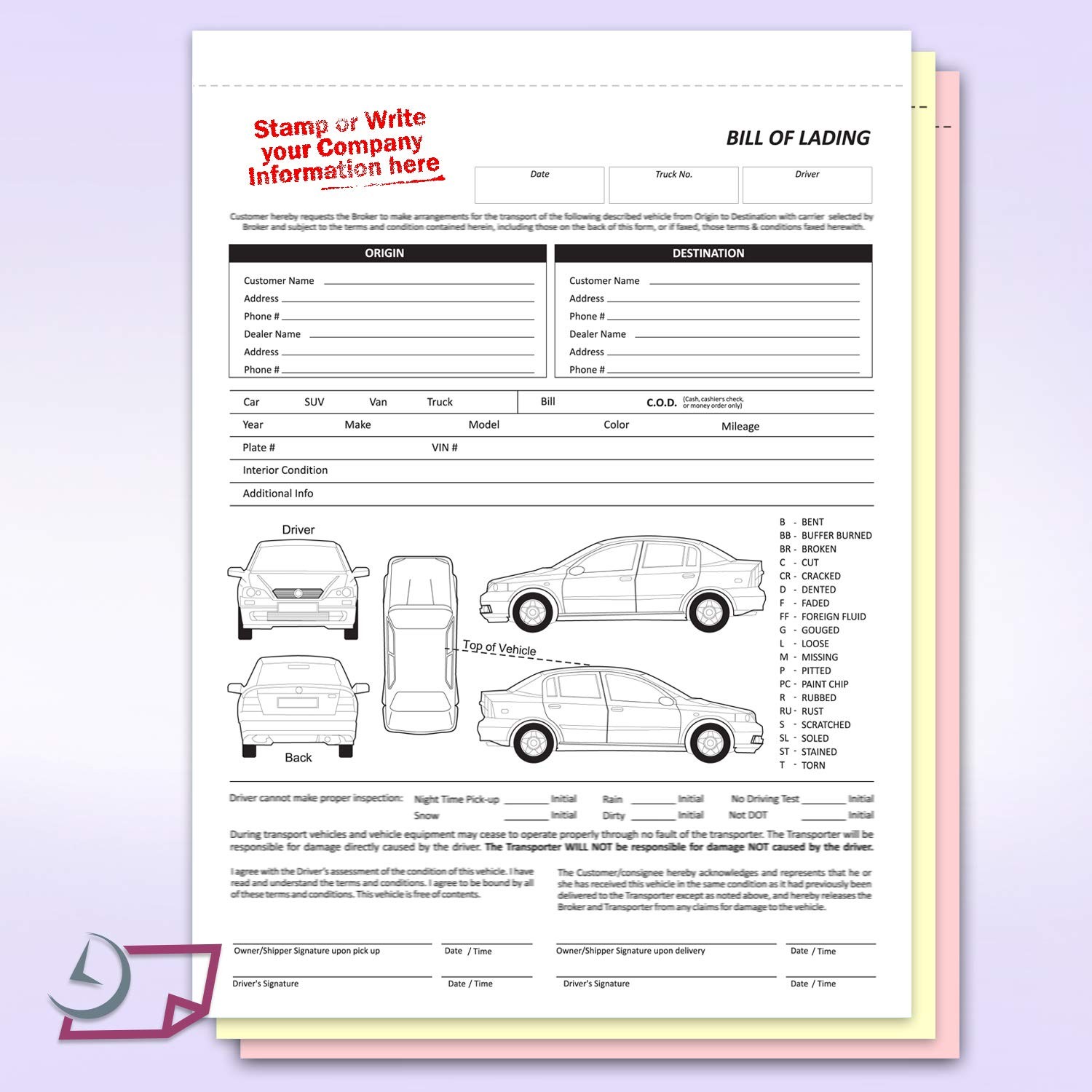NextDayLabels – Vehicle Transport Bill of Lading (BOL) 100 3 Part (No Name)