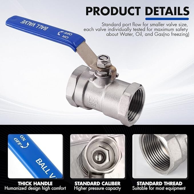 1-Piece 2″ Ball Valve , 304 Stainless Steel, 1000 WOG for Water 2PACK