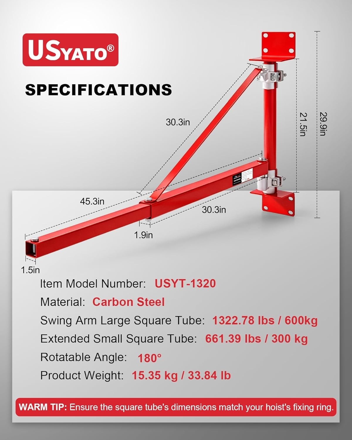 Wall Mount Jib Crane, 1320 lbs Electric Hoist Holder Swing Arm