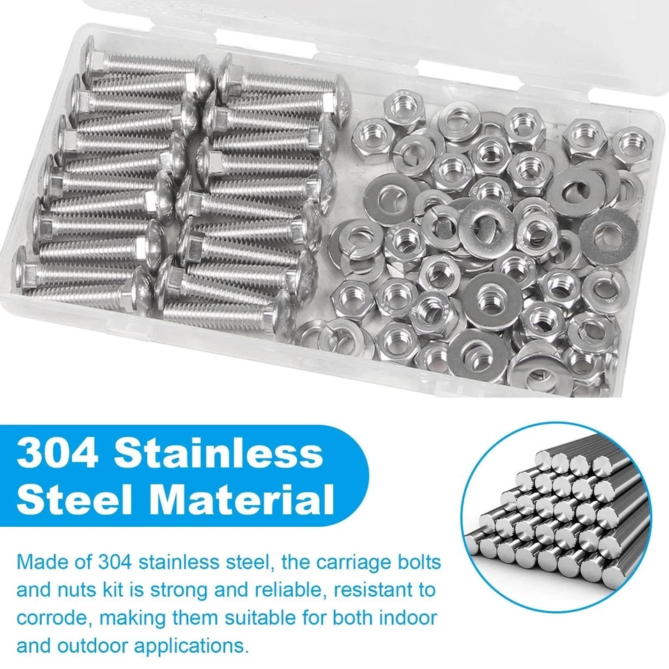 24 Sets 1/4-20 x 1-1/4″ Carriage Bolts Screws, 304 Stainless Steel Round Head…