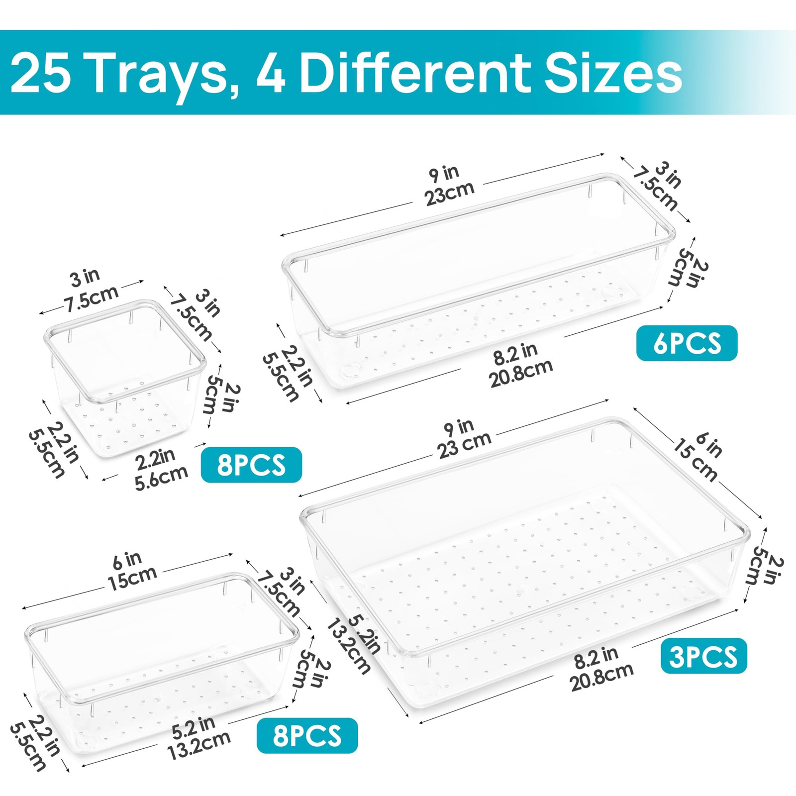 25PC Clear Plastic Drawer Organizers Set 4 Sizes Makeup Office Kitchen