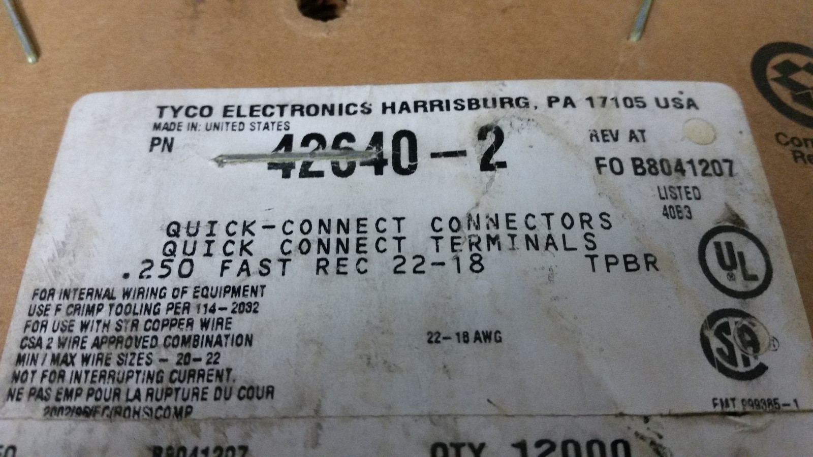 Amp Tyco TE Crimp Faston .250 18-22 awg 42640-2 QUICK CONNECT 50 PCS