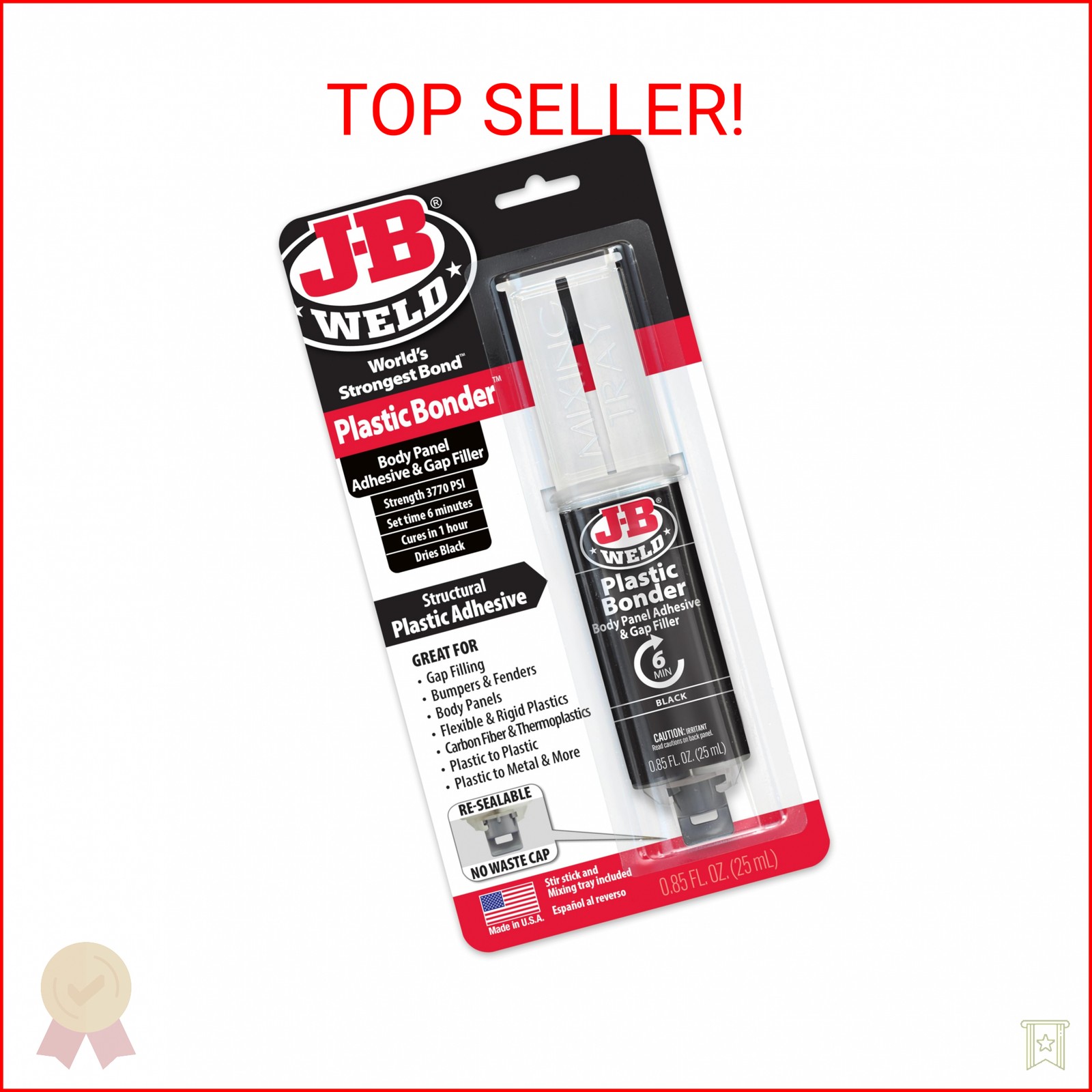 J-B Weld 50139 Plastic Bonder Body Panel Adhesive and Gap Filler Syringe – Black