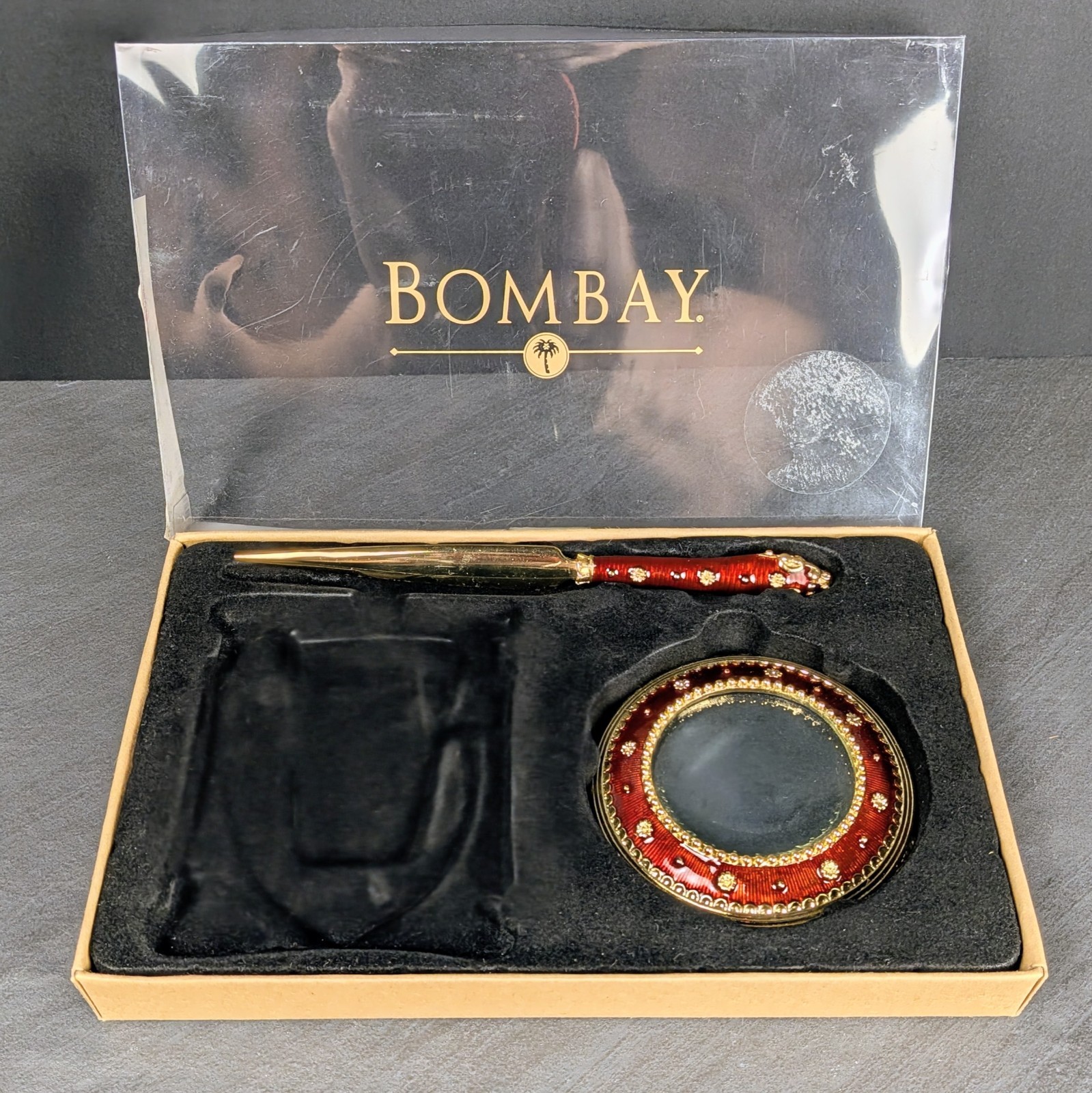 Vintage Bombay Co Red Enamel Magnifying Glass Letter Opener Set Boxed