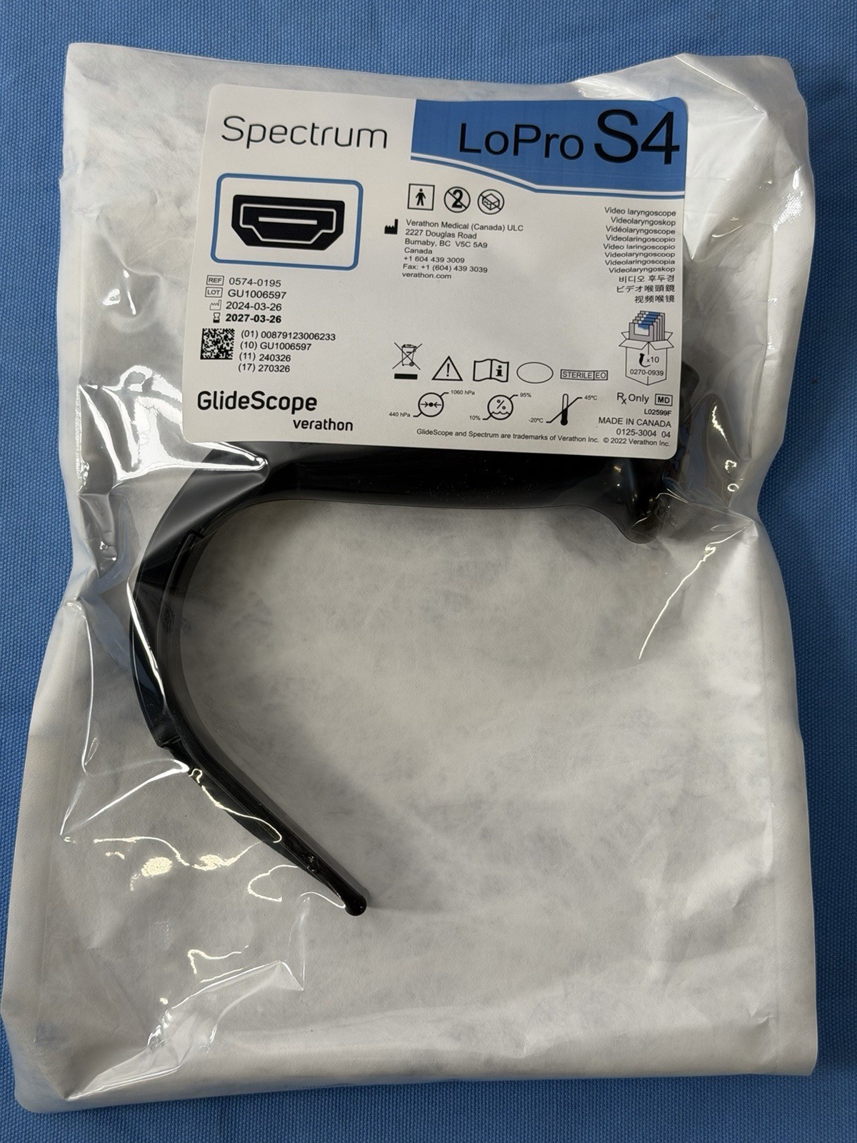 GlideScope Spectrum LoPro S4 Video Laryngoscope 0574-0195 Exp.2027-03