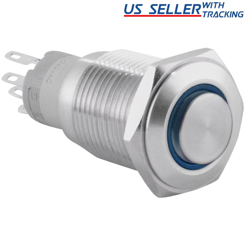 16mm 12V LED Momentary Push Button Stainless Steel Power Switch, Blue