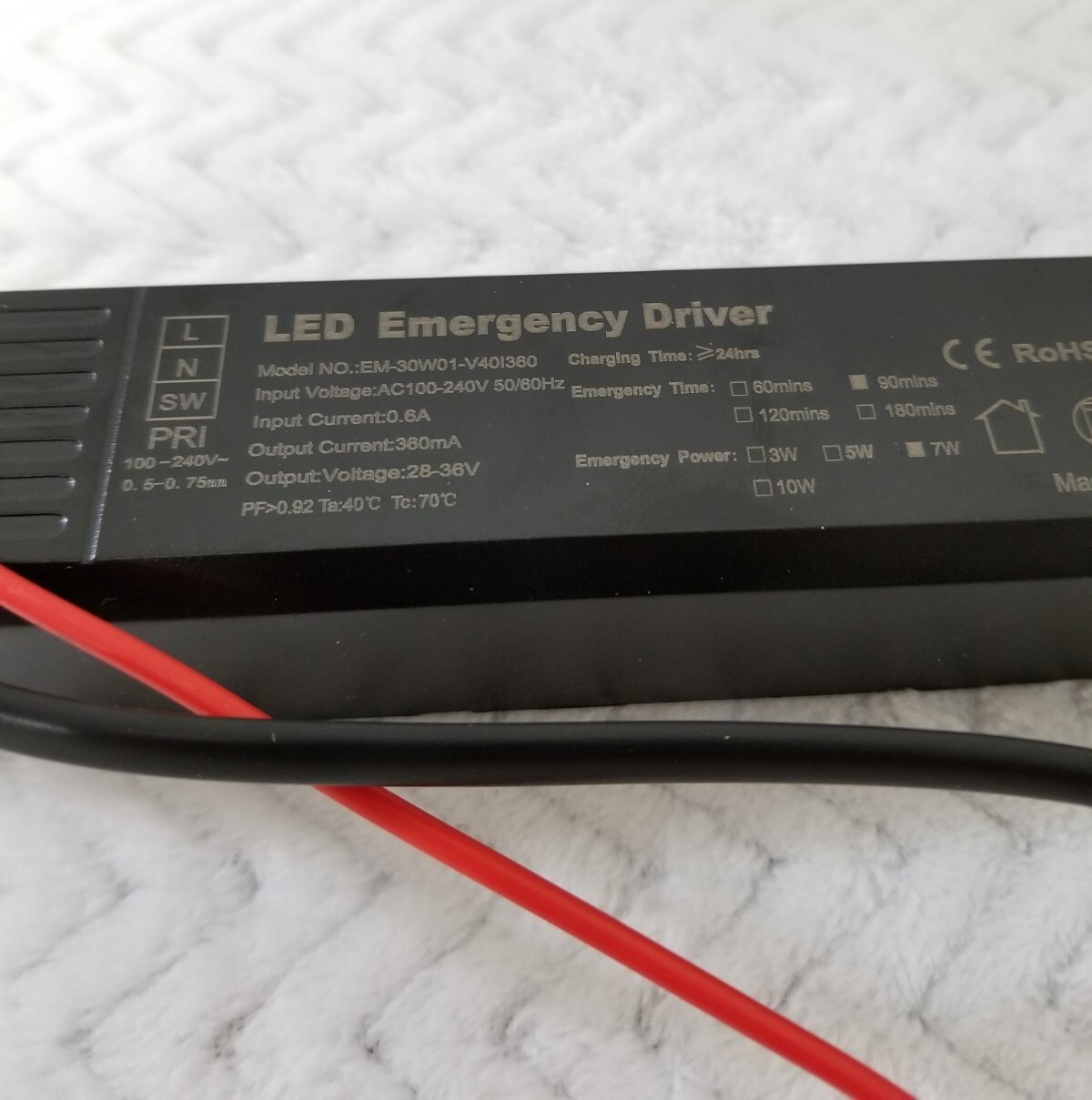LED Emergency Driver 7W Pwr 90 Minute 28-36V 360mA Output AC100-240V 50/60Hz .6A