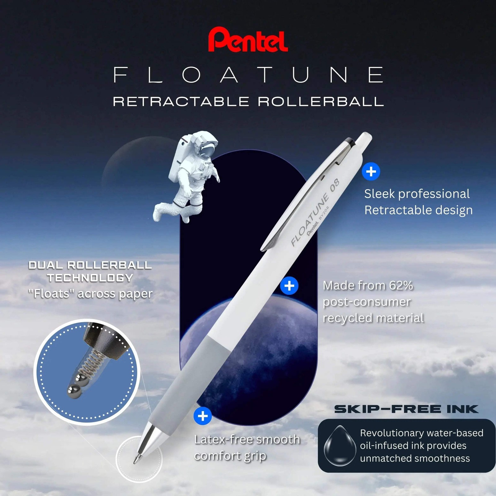 Pentel Floatune Retractable Rollerball, 0.5mm Fine Point, Assorted Ink, 5-Pk