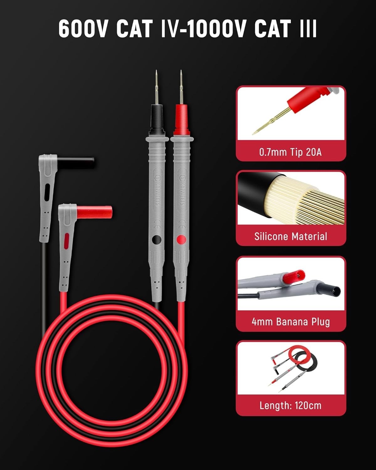 KAIWEETS Silicone Multimeter Test Leads with Gold-Plated Probes, 48 inch Long