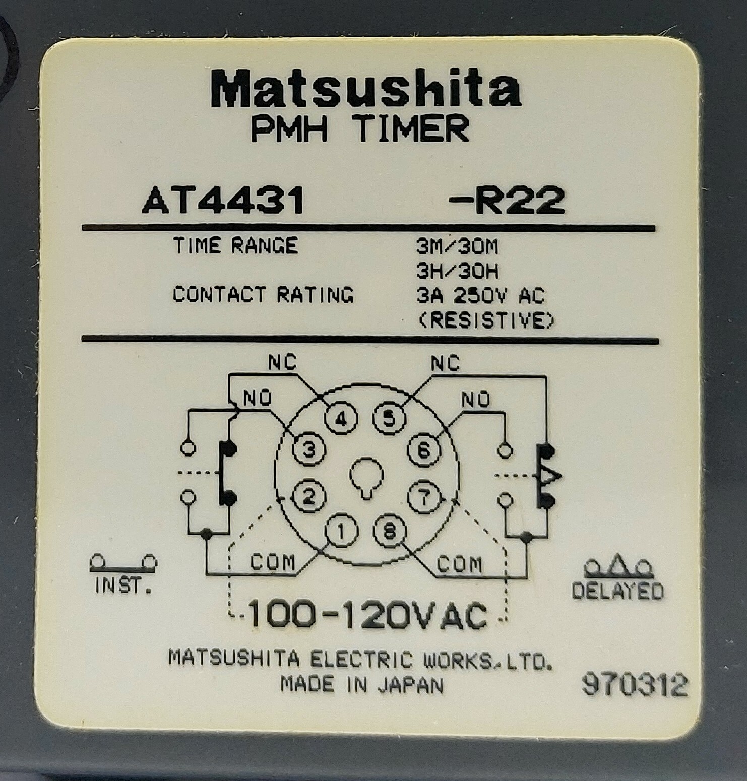 Matsushita Electric National AT4 431-R22 PMH Timer Analog Relay 0-30MIN