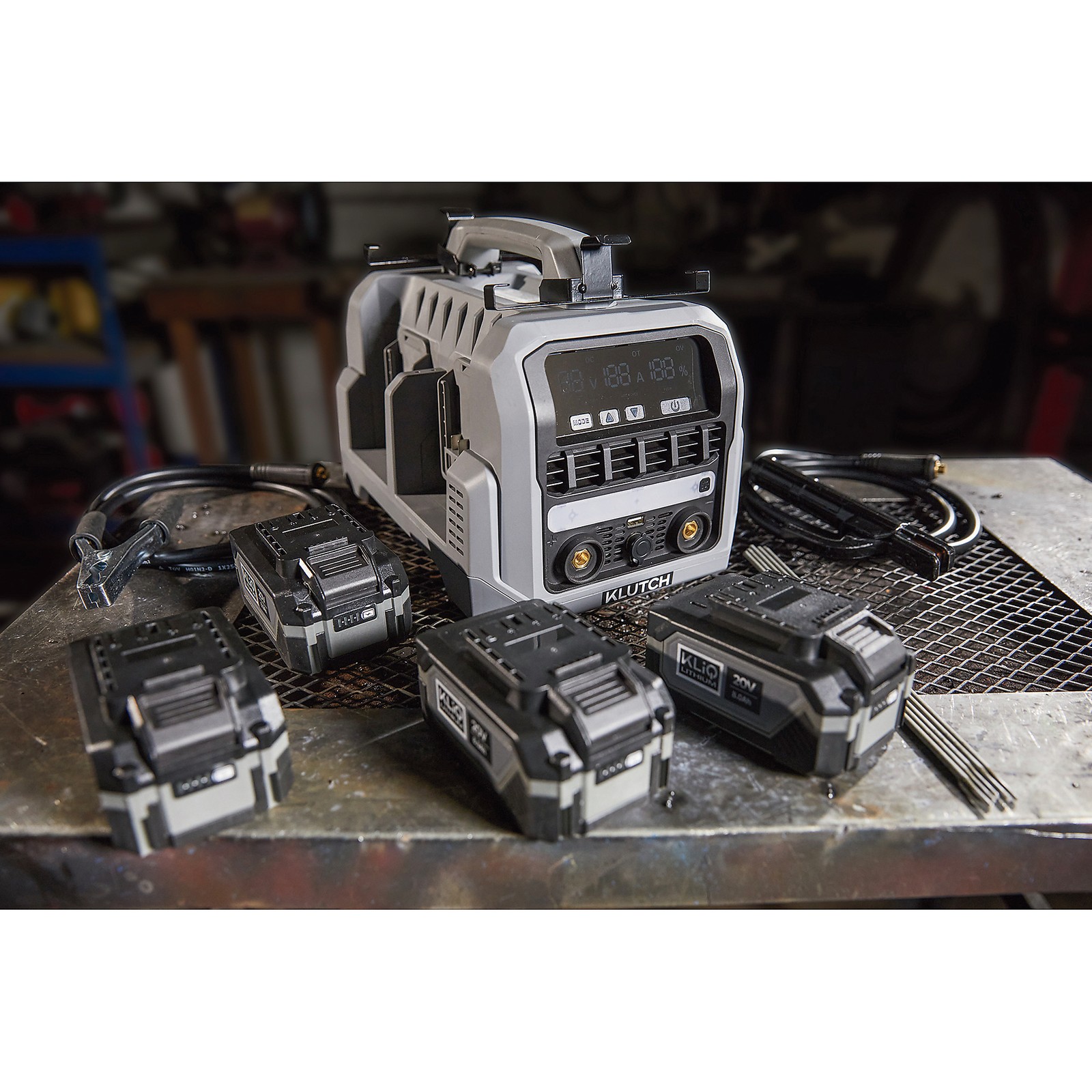 Klutch Cordless Welder Kit, KLiQ 20V, 200 Amps, 4-Pack 8.0Ah Batteries,
